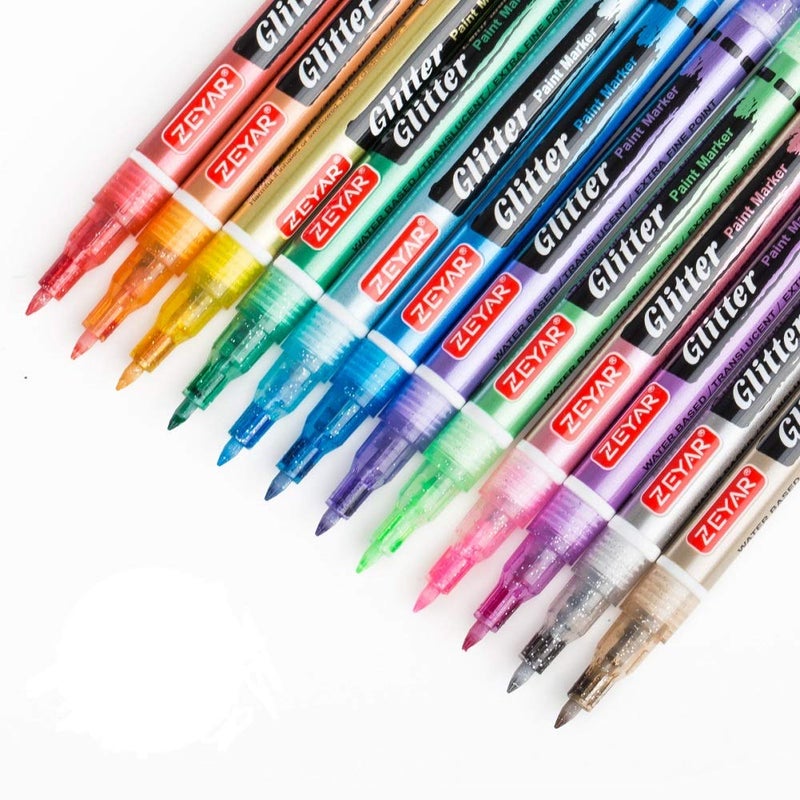 ZEYAR Glitter Paint Pens, Water based, Extra Fine Point, Nylon Tip, 12 Colors, Great for Gift Card, Poster, Album, Christmas Card and more. Non-Toxic and Safe - Image 1